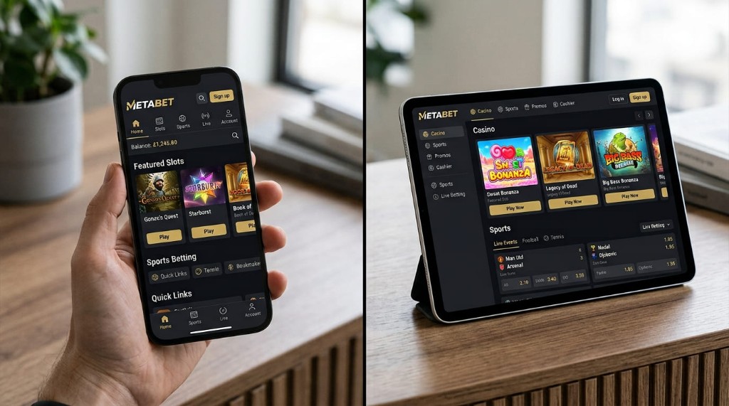 Casino Metabet abierto en smartphone y tablet con lobby y apuestas