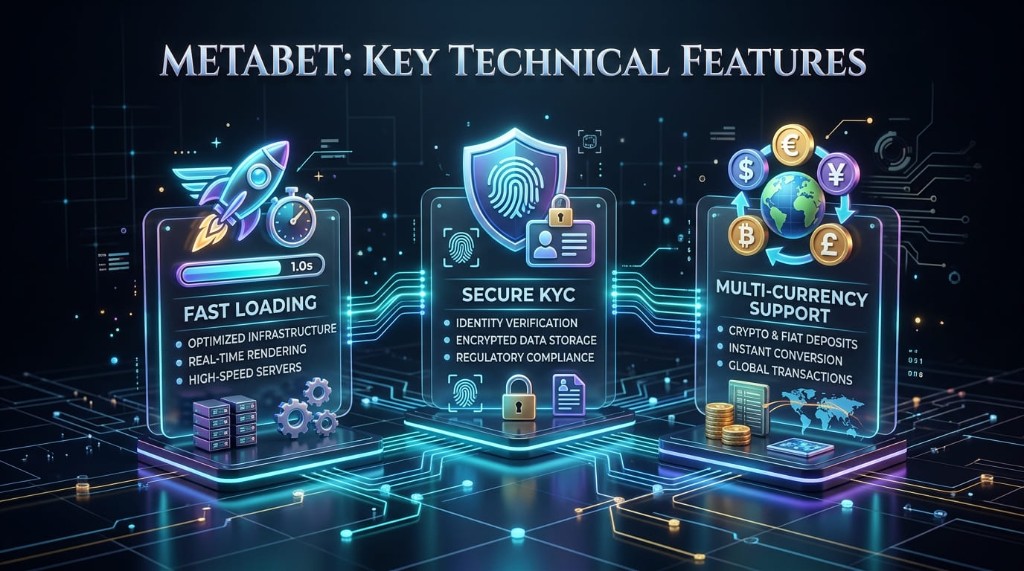 Infografía de carga rápida, KYC seguro y soporte multicurrency en Metabet